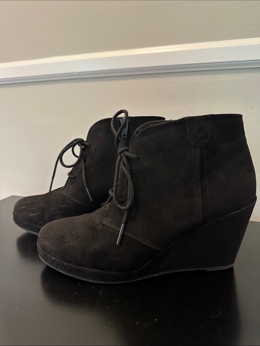 Black Suede Lace-Up Wedge Ankle Booties